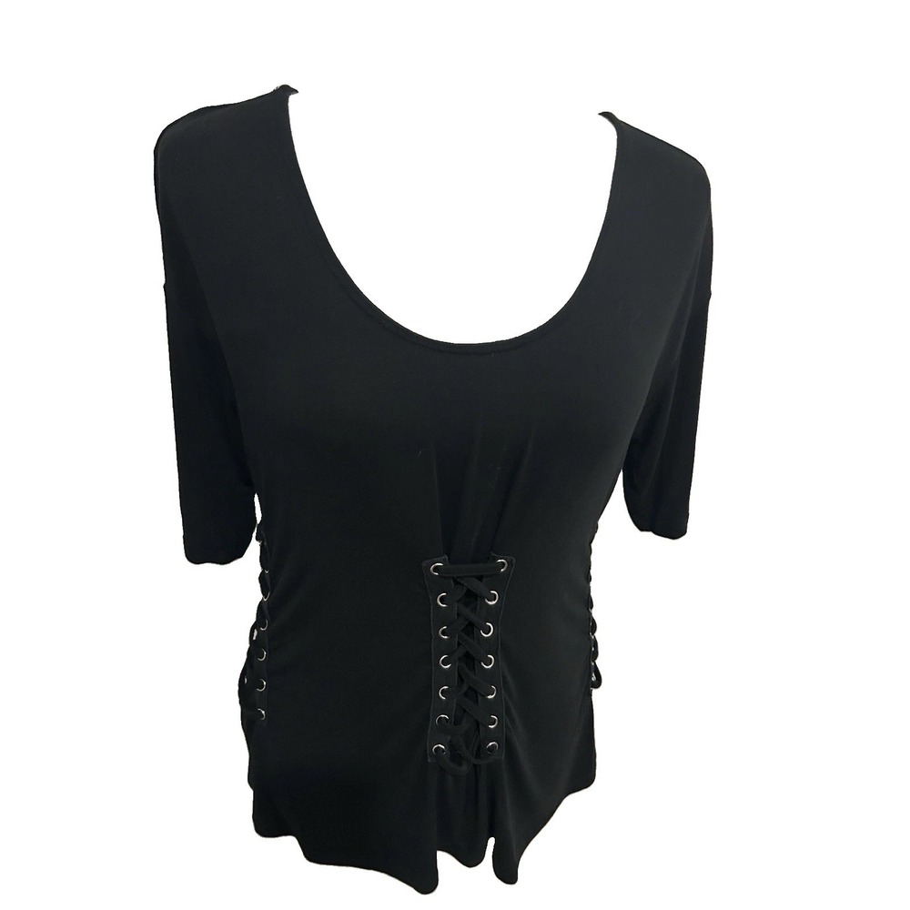 Mur Mur Black Knit T-Shirt Lace Up Top  M Rocker Edgy Y2K Grommets Corset Style